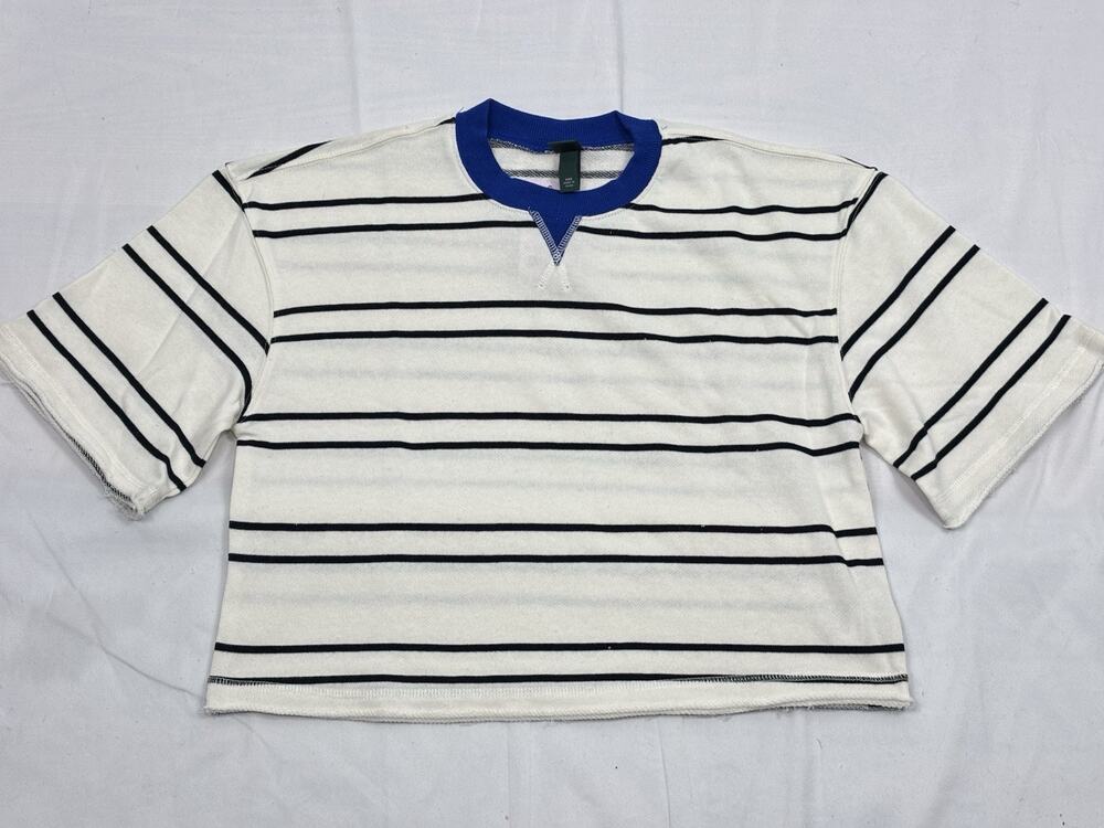 Wild Fable Cropped Black White Stripe Blue Crew Neck Oversized T-shirt Size XXS